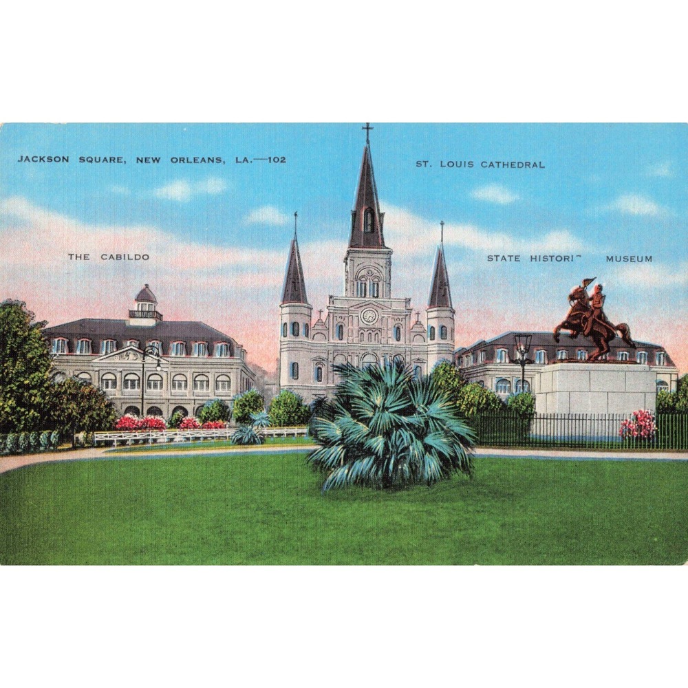 Vintage New Orleans Jackson Square St Louis Cathedral Linen Postcard 102